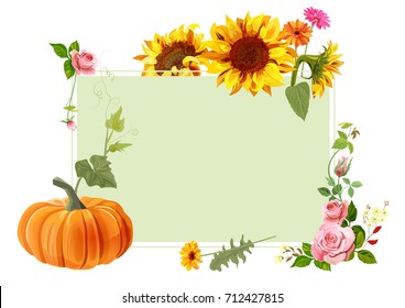 Autumn vintage frame: red roses, orange pumpkin, yellow sunflowers, gerbera daisy flower. Digital draw, illustration in watercolor style, mock-up, template, floral frame for design, vector