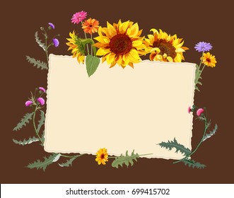 Autumn vintage frame: yellow sunflowers, gerbera daisy flowers, purple thistle on dark brown background. Digital draw, illustration in watercolor style, mock-up, template for design, vector