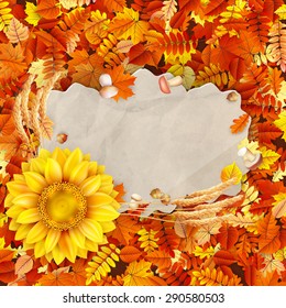 Autumn vintage greeting card on colorful leaves background copy space. EPS 10 vector file included