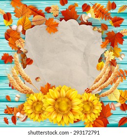 Autumn vintage greeting card on colorful leaves background copy space. EPS 10 vector file included