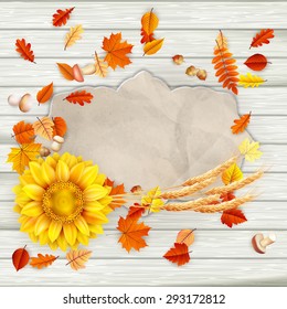 Autumn vintage greeting card on colorful leaves background copy space. EPS 10 vector file included