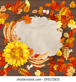 Autumn vintage greeting card on colorful leaves background copy space. EPS 10 vector file included