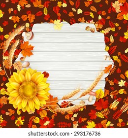 Autumn vintage greeting card on colorful leaves background copy space. EPS 10 vector file included