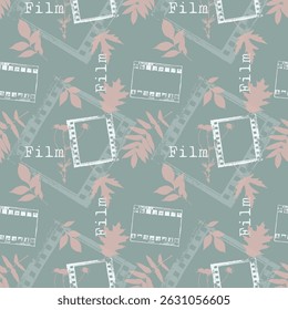 Autumn vintage grunge pattern with prints of falling leaves and frames from film. Autumn dreamy mood to watch movies and TV series.