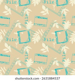 Autumn vintage grunge pattern with prints of falling leaves and frames from film. Autumn dreamy mood to watch movies and TV series.