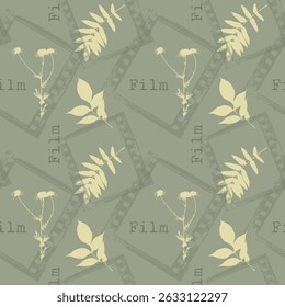 Autumn vintage grunge pattern with yellow prints of falling leaves and frames from film. Autumn dreamy mood to watch movies and TV series.