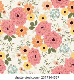 Autumn vintage hand drawn Floral Garden pattern seamless vector line art fashion fabric print