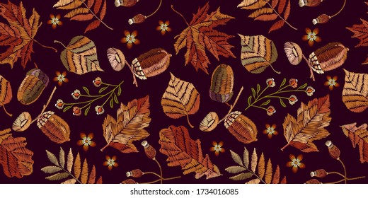 Autumn, vintage horizontal seamless pattern. Embroidery art. Leaves, acorns, wild forest. Fashionable template for design of clothes, t-shirt design 