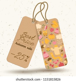 Autumn vintage price tags concept with inscriptions and traditional colorful elements on light background isolated vector illustration