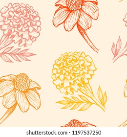 Autumn vintage seamless pattern with orange and yellow flowers. Hand drawn vector decorative background.