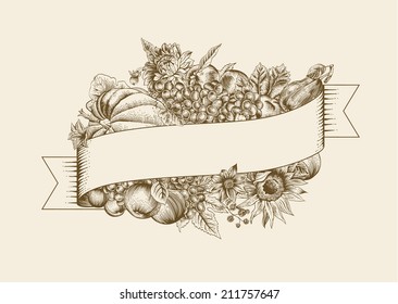 Autumn. Vintage vector card. Brown pumpkin, grapes, sunflower, fruit on beige background. 