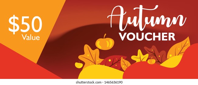 Autumn voucher design template with falling maple leaves shape on colorful background. Card, poster, banner layout for coupon. Vector illustration