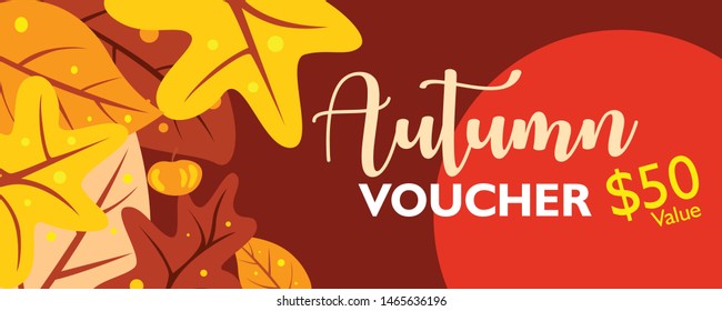 Autumn voucher design template with falling maple leaves shape on colorful background. Card, poster, layout for coupon. Vector illustration