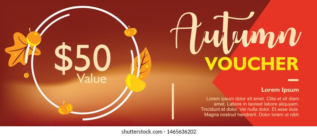 Autumn voucher design template with falling maple leaves shape on colorful background. Card, poster, layout for coupon. Vector illustration