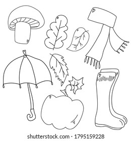Autumn walk attributes: mushroom, leaves, umbrella, rubber boots, scarf and pumpkin; coloring page for children on the fall theme, outline vector llustration for design and creativity