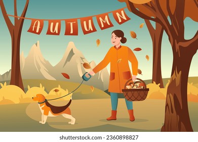 Autumn walk background in a cartoon style. Autumn is a great time to spend time with your pets in the park - the illustration confirms this. Vector illustration.