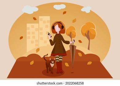 Autumn walk with a cat. Vector illustration. A girl is walking on the street with a cat and an umbrella in her headphones. Suitable for autumn decoration, leaflets, banners. 