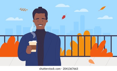 Autumn walk in city park or street vector illustration. Cartoon young hipster man character enjoy walking, holding cup of coffee, standing under falling autumn orange leaves on city street background