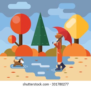 Autumn walk dog puddles umbrella nature park concept flat design landscape background template vector illustration