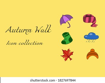 Autumn walk icon collection with umbrella, scarf, socks, maple leaf, a cap and cloud