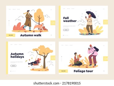 Autumn walk in park and fall weather concept of landing pages set with people enjoy autumn holidays and activities outdoors. Cartoon flat vector illustration