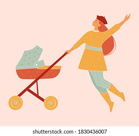 
Autumn walk with a pram. Vector autumn concept. A girl walks with a stroller in which a child lies.