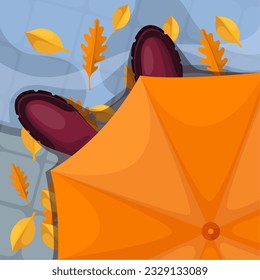 Autumn walk top view of man with umbrella and boots vector illustration. Cartoon overhead street scene of rainy day, person walking on road with water of rain puddles and autumn yellow leaves