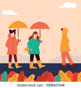 Autumn. Autumn walk under an umbrella, meeting people. Guy, girl in red, orange, yellow