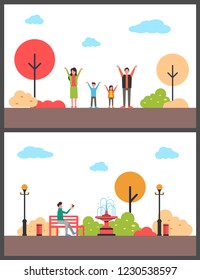 Autumn walking in park. Rest around trees. Family active recreation between trees and person enjoying with bird on bench near fountain vector illustration