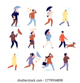 Autumn walking people. Stylish characters, casual persons with umbrella. Outdoor activity, rainy weather walk. Isolated urban man vector set
