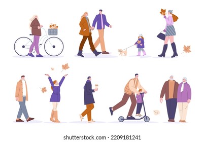 Autumn walking stylish people. Guys in winter and fall clothes, activity lifestyle. Outdoor walk person with bicycle, modern flat cartoon kicky characters