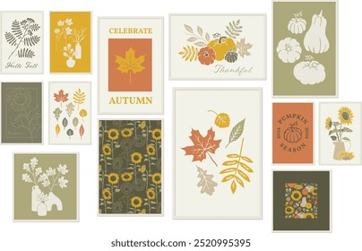 Autumn wall art composition. Abstract poster set with hand drawn illustration for interior decorations. Thanksgiving collection with fall element. Holiday gallery of collage artwork.