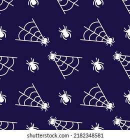 Autumn wallpaper or party background with spider webs - for fabric, for textiles, for wrapping paper. Halloween seamless pattern with spiders and cobwebs. Scary pattern, colorful Halloween print.