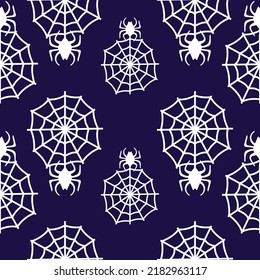 Autumn wallpaper or party background with spider webs - for fabric, for textiles, for wrapping paper. Halloween seamless pattern with spiders and cobwebs. Scary pattern, colorful Halloween print.