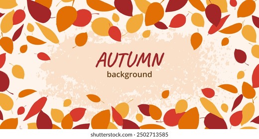 Autumn wallpaper with red, yellow, orange falling leaves and grunge textured background. Design for banner, backdrop, poster.