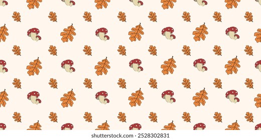 Autumn wallpaper template design. Vector seamless pattern with fall leaves and mushrooms. Ornament with toadstool and oak leaves for textile wall decor print. EPS 10