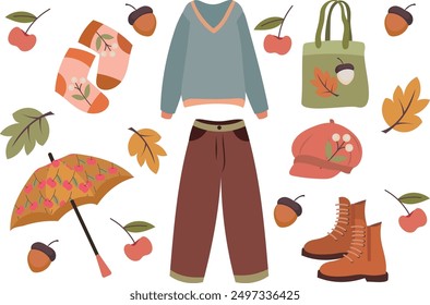 Autumn wardrobe, clothes and autumn leaves. Warm women's clothing. Wardrobe set illustration. Isolated on a white background. Hat, boots, sweater, bag, umbrella.