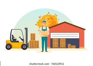 Autumn warehouse parts boxes on wooden pallet, ready to loading. Cargo delivery, shipping, transportation. Loader man, folds cardboard boxes, taking them on loader from warehouse. Vector illustration.