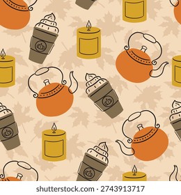 Autumn Warm Beverages with Candles Vector Seamless Pattern