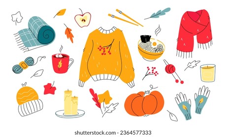Autumn warm clothes and cozy home objects set on white background. Modern colorful flat style with doodle hand drawn elements. Sweater, scarf, gloves, blanket, hot, chocolate, noodle, soup, candles.
