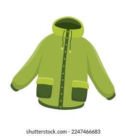 Autumn warm green jacket with hood isolated on white background. Autumn clothes element vector illustration.