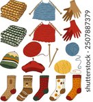 Autumn warm vector clothes set. Knitted elements, hats, yarn, glowers and socks. Fall season mood.