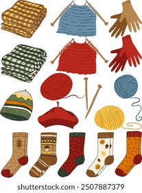 Autumn warm vector clothes set. Knitted elements, hats, yarn, glowers and socks. Fall season mood.