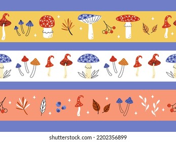 Autumn washi tape set with mushrooms, leaves and berries. Cute seamless vector borders with hand drawn in doodle style forest elements