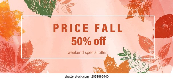 Autumn watercolor background. Colorful leaves, watercolor brush strokes composition. Fall warm colors. Wall art, print, sale banner, card design.