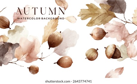 Fundo de aquarela de outono com folhas e bolotas.