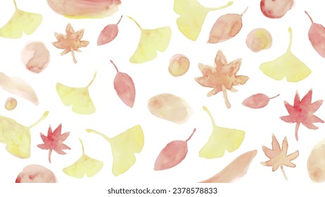 Herbstwasserfarbenes Hintergrundmaterial von Ahorn und Ginkgo-Biloba. horizontaler Hintergrund, roter, orangefarbener und gelber Hintergrund