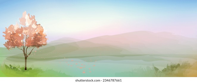 Herbstwasserbanner. Minimaler Vektorhintergrund. Herbstlandschaft mit Aquarellstruktur. Herbstausblick. Landschaft mit See, Berg und Gras. Herbstbaum mit Blättern. 