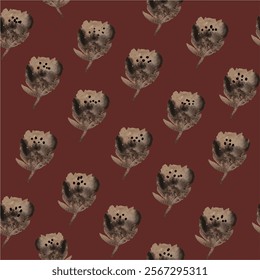 autumn, watercolor flower buds on a brown background, seamless pattern.