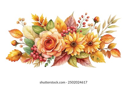 autumn watercolor flower and leaves bouquet on Wilhite Background, Realistic botanical illustration